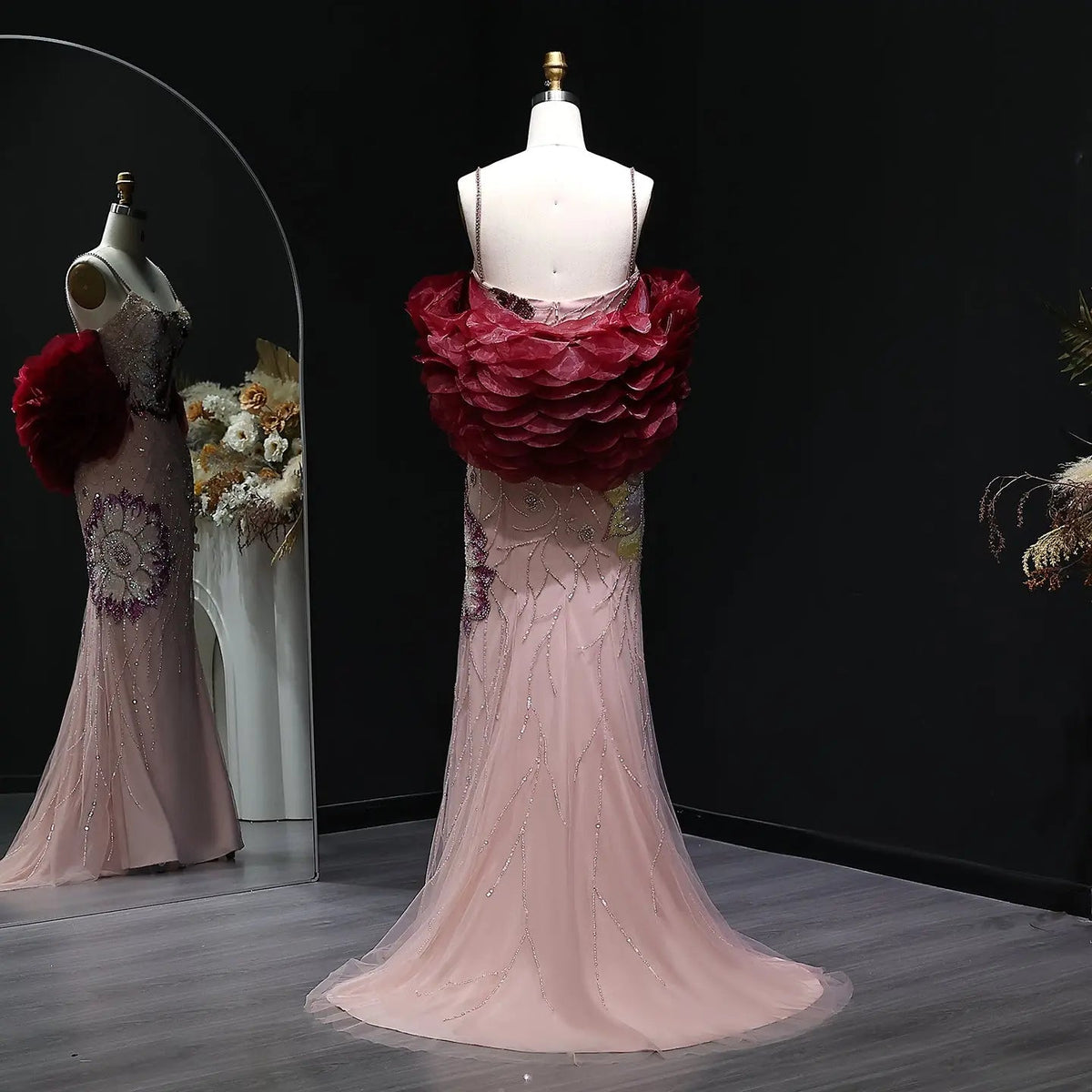 Luxury Pink Floral Beaded Evening Dress with Burgundy Shawl SS515