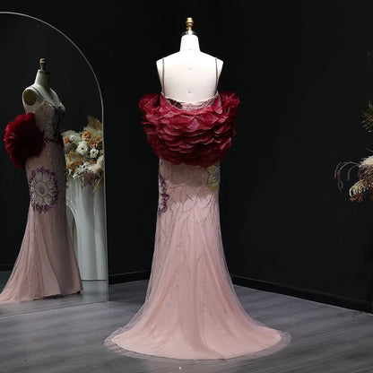 Luxury Pink Floral Beaded Evening Dress with Burgundy Shawl SS515