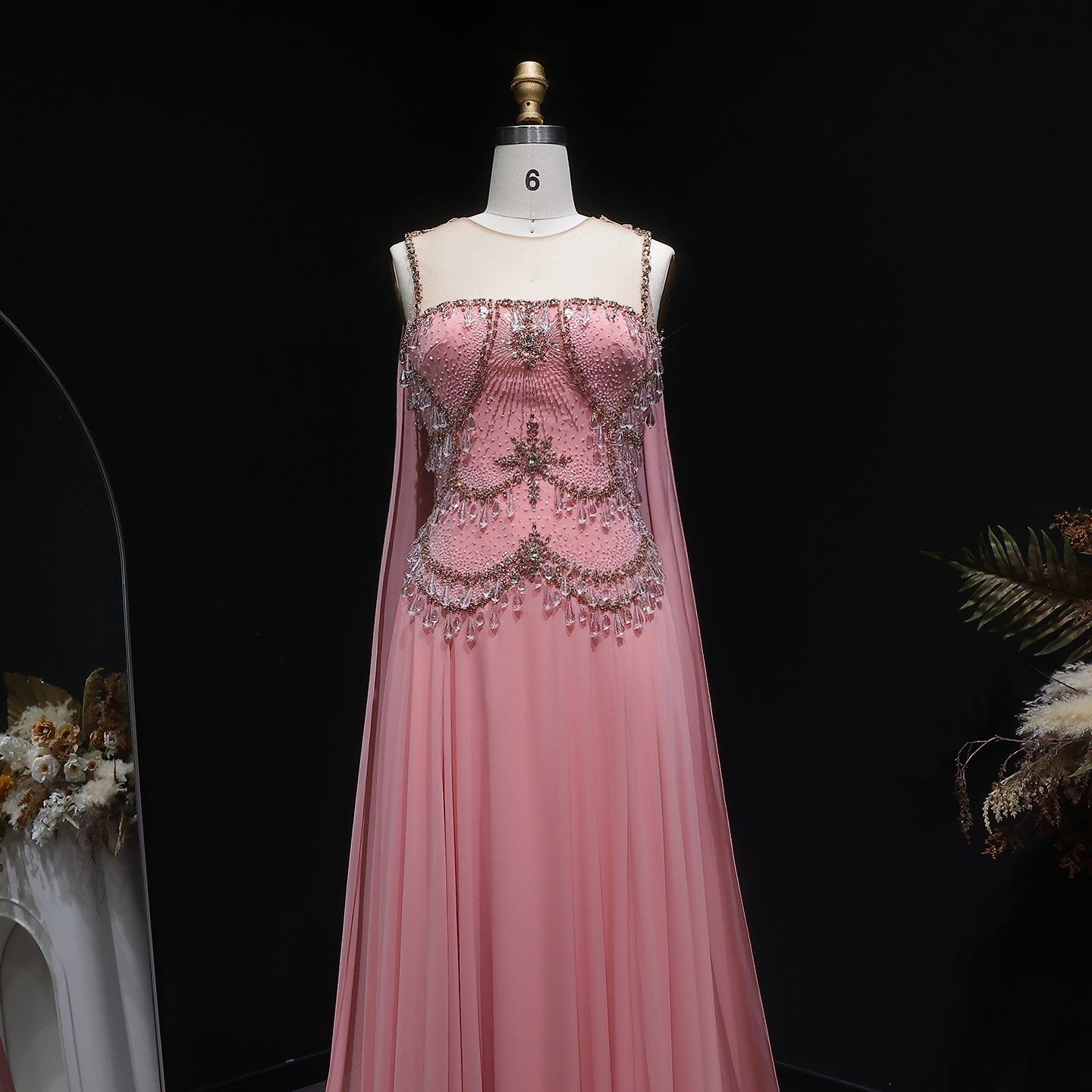 Elegant Silver Gold Crystal Evening Dress with Cap SS517
