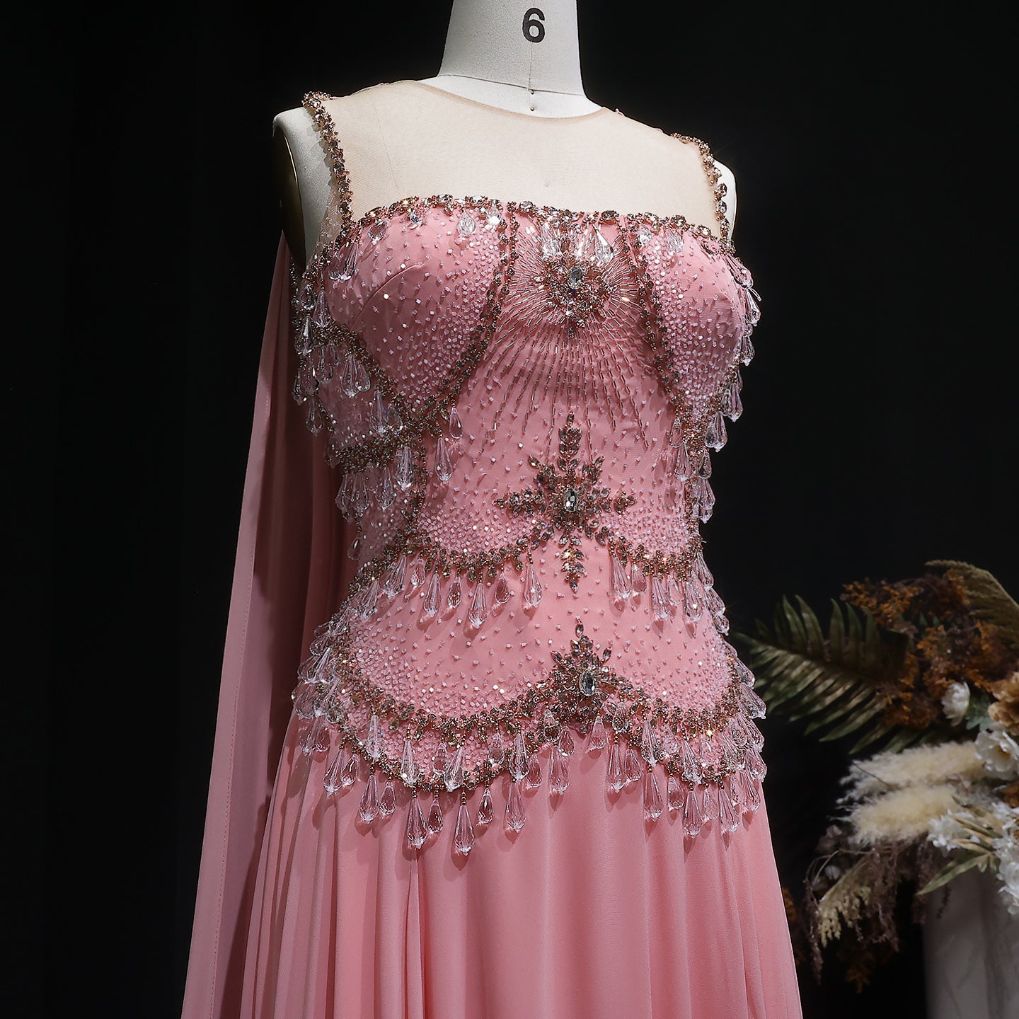 Elegant Silver Gold Crystal Evening Dress with Cap SS517