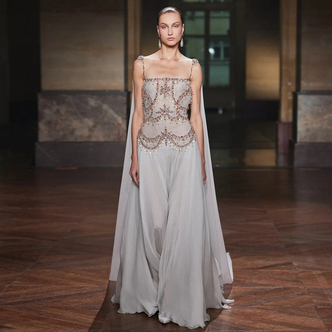 Elegant Silver Gold Large Crystal Evening Dress with Cap SS517