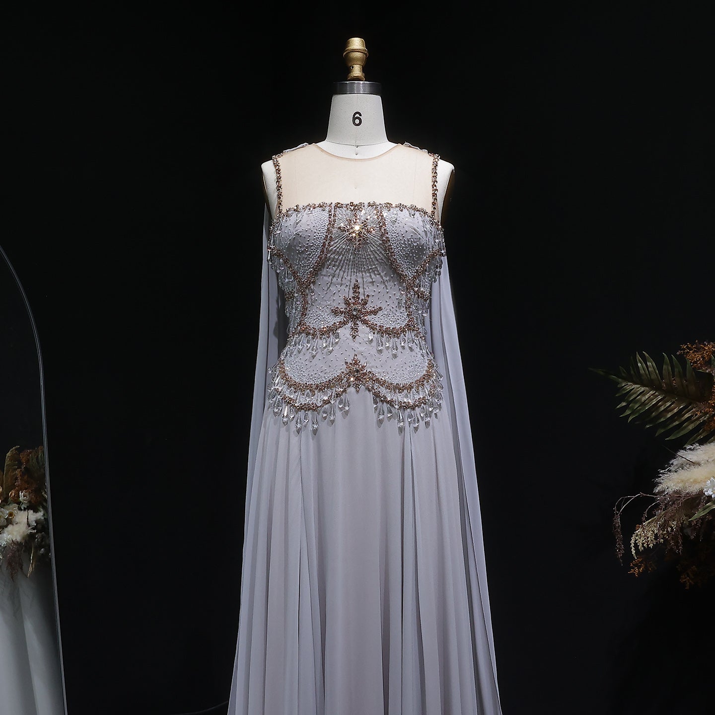 Elegant Silver Gold Crystal Evening Dress with Cap SS517