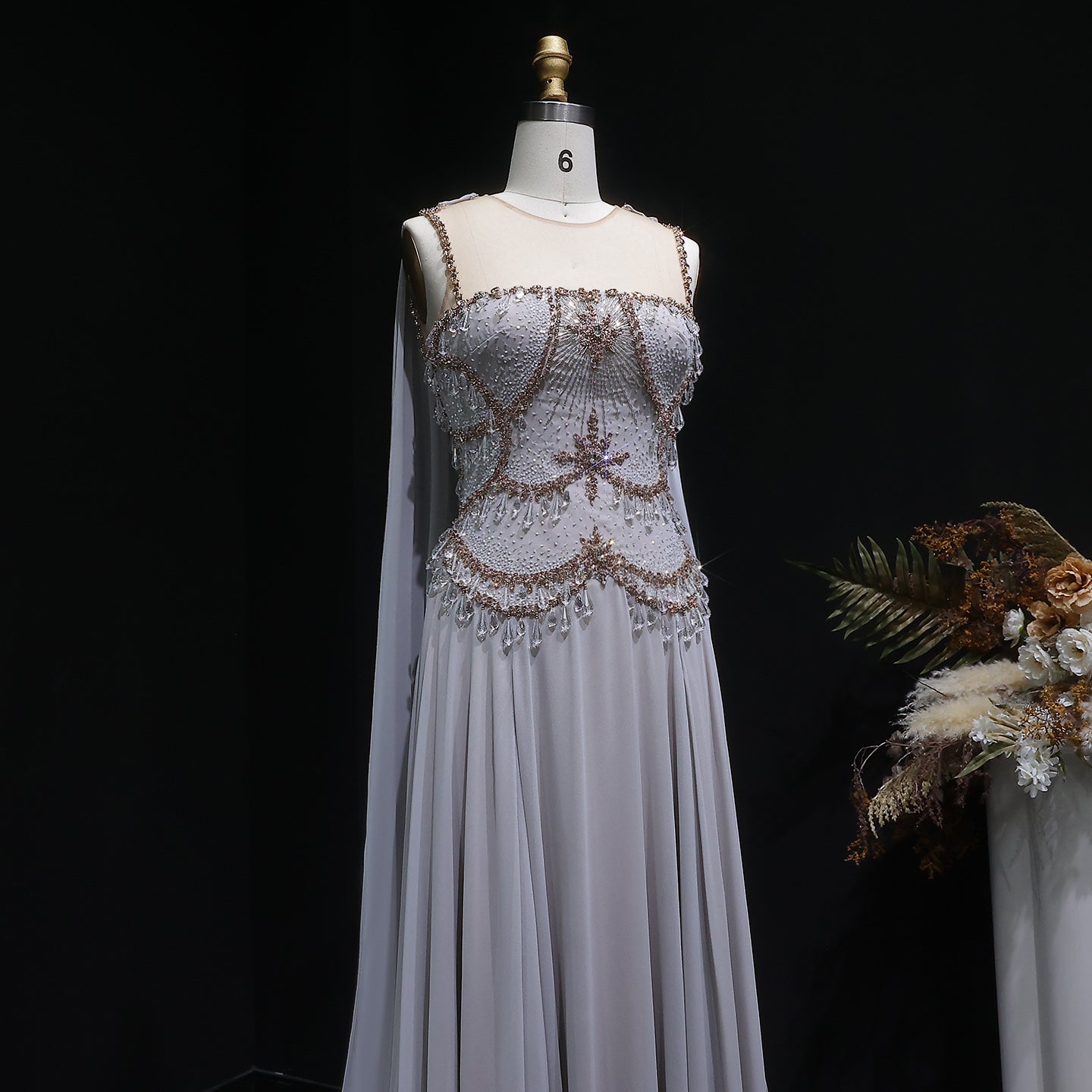Elegant Silver Gold Crystal Evening Dress with Cap SS517