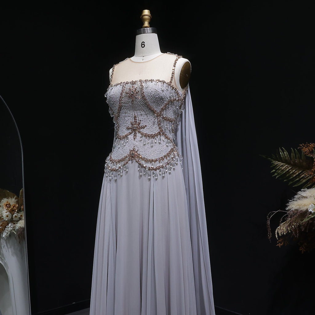 Elegant Silver Gold Crystal Evening Dress with Cap SS517
