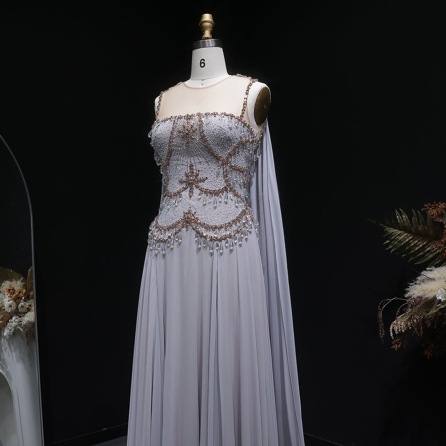 Elegant Silver Gold Crystal Evening Dress with Cap SS517