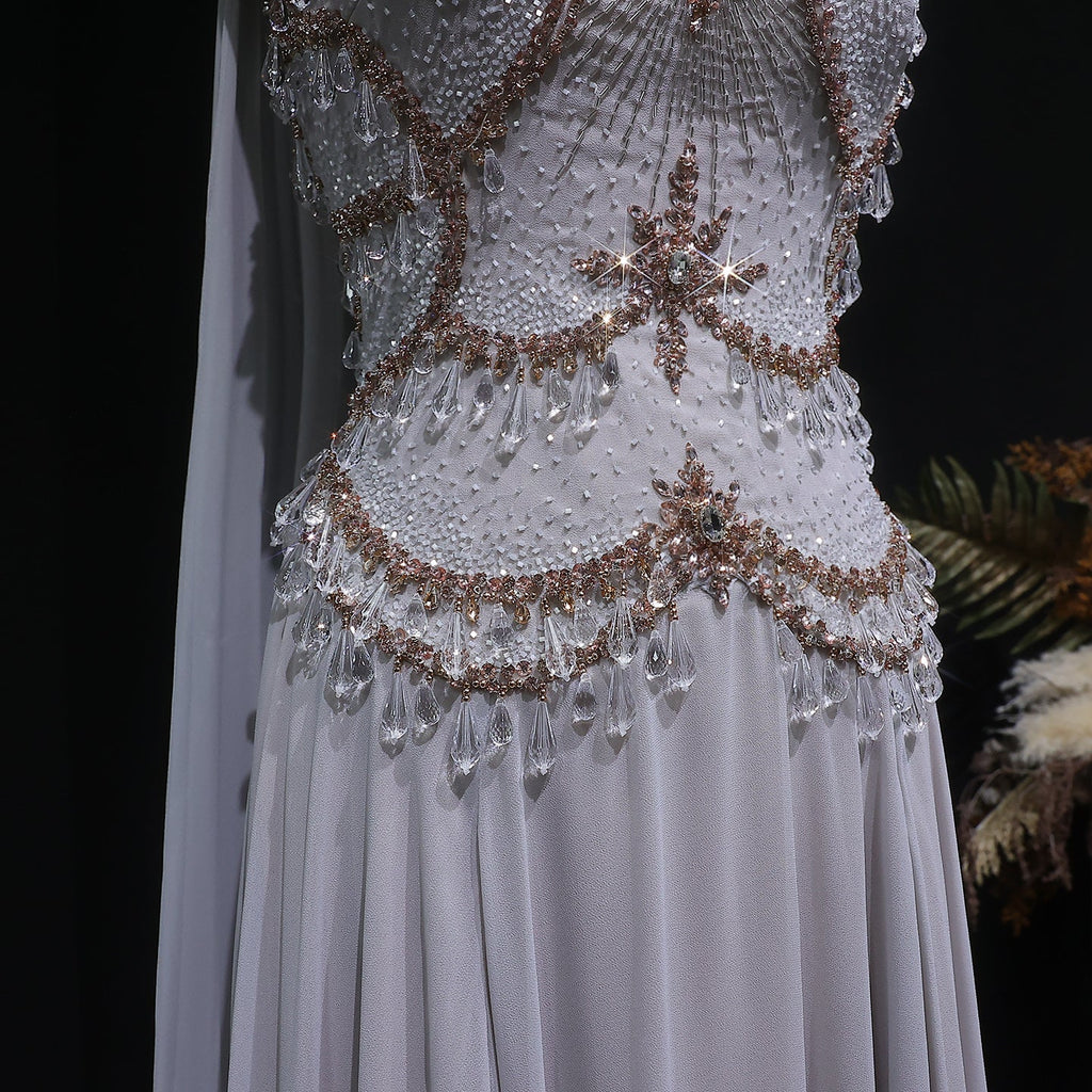 Elegant Silver Gold Crystal Evening Dress with Cap SS517