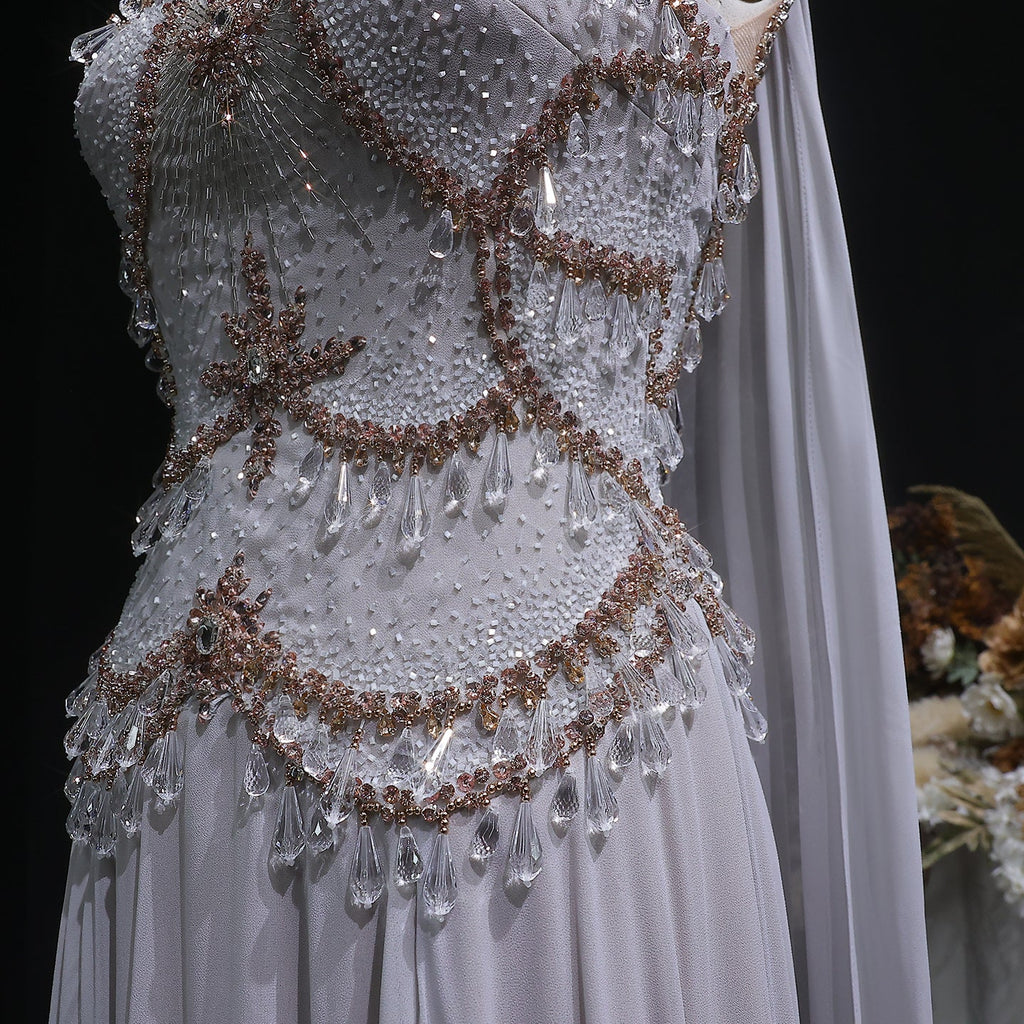 Elegant Silver Gold Crystal Evening Dress with Cap SS517