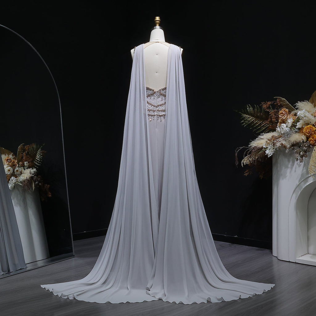 Elegant Silver Gold Crystal Evening Dress with Cap SS517