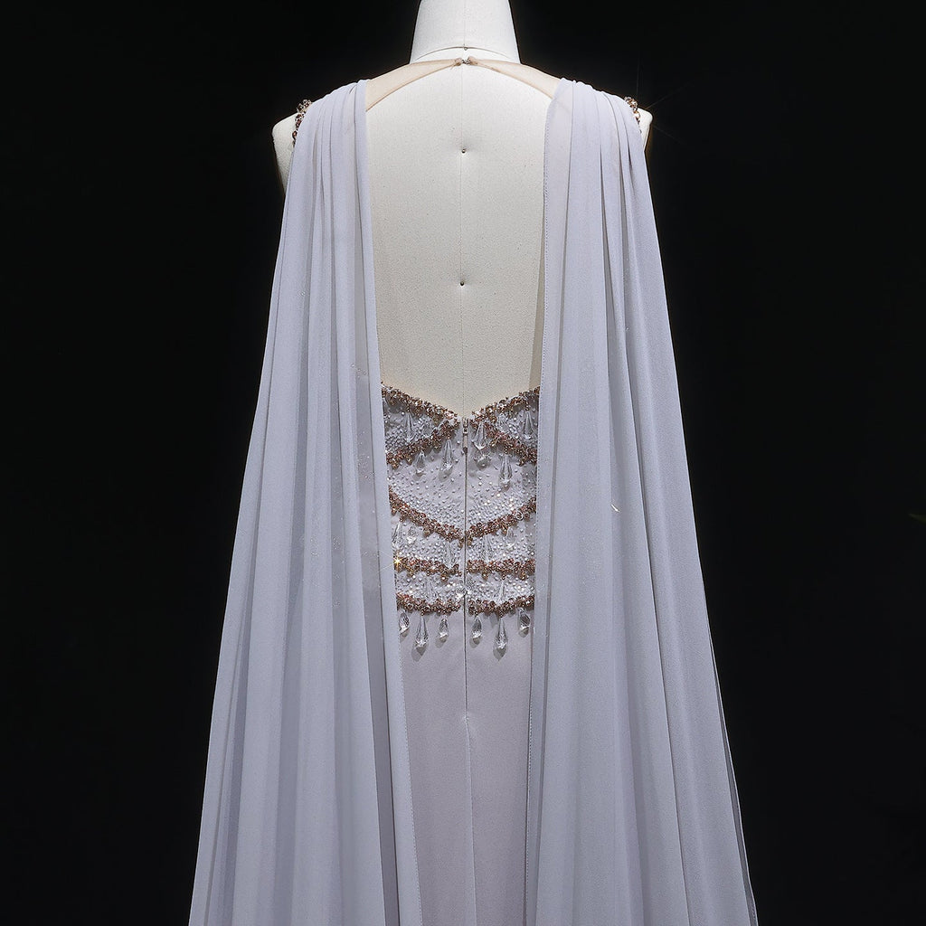 Elegant Silver Gold Crystal Evening Dress with Cap SS517