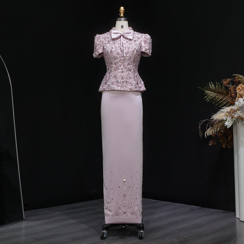 Elegant Pink Sparkling Sequin Beaded Two-Piece Evening Dress SS547