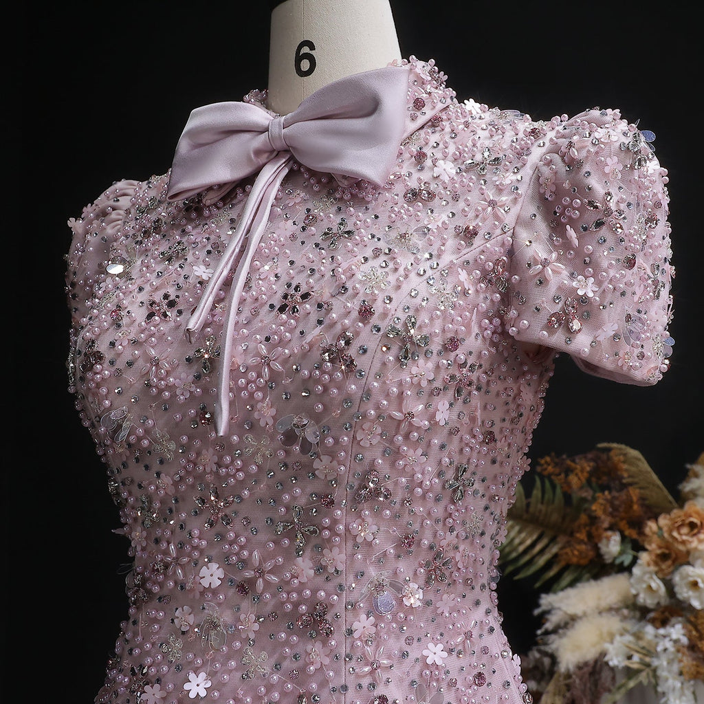 Elegant Pink Sparkling Sequin Beaded Two-Piece Evening Dress SS547