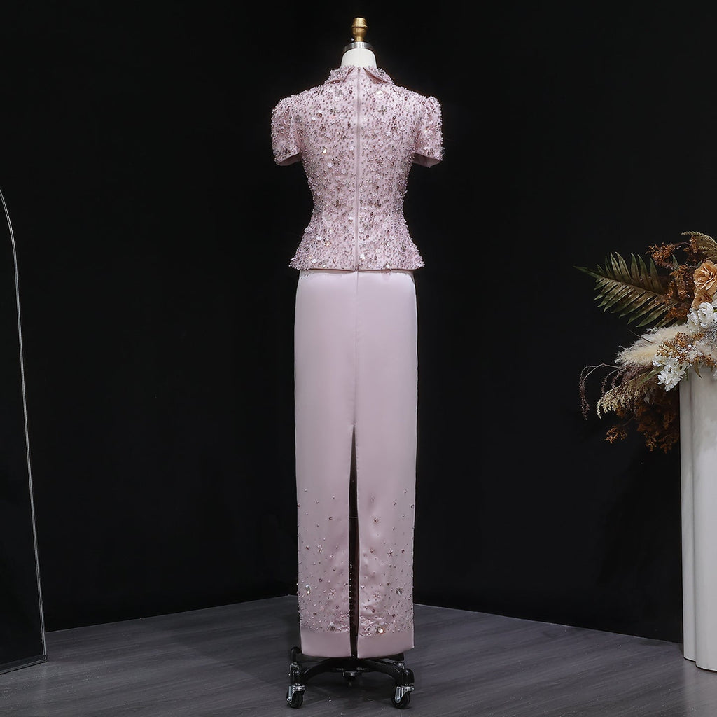 Elegant Pink Sparkling Sequin Beaded Two-Piece Evening Dress SS547