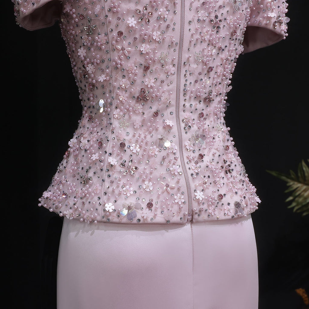 Elegant Pink Sparkling Sequin Beaded Two-Piece Evening Dress SS547