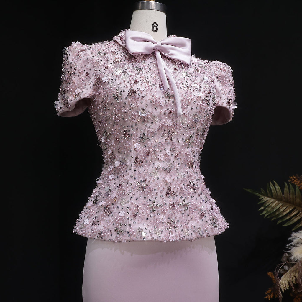 Elegant Pink Sparkling Sequin Beaded Two-Piece Evening Dress SS547