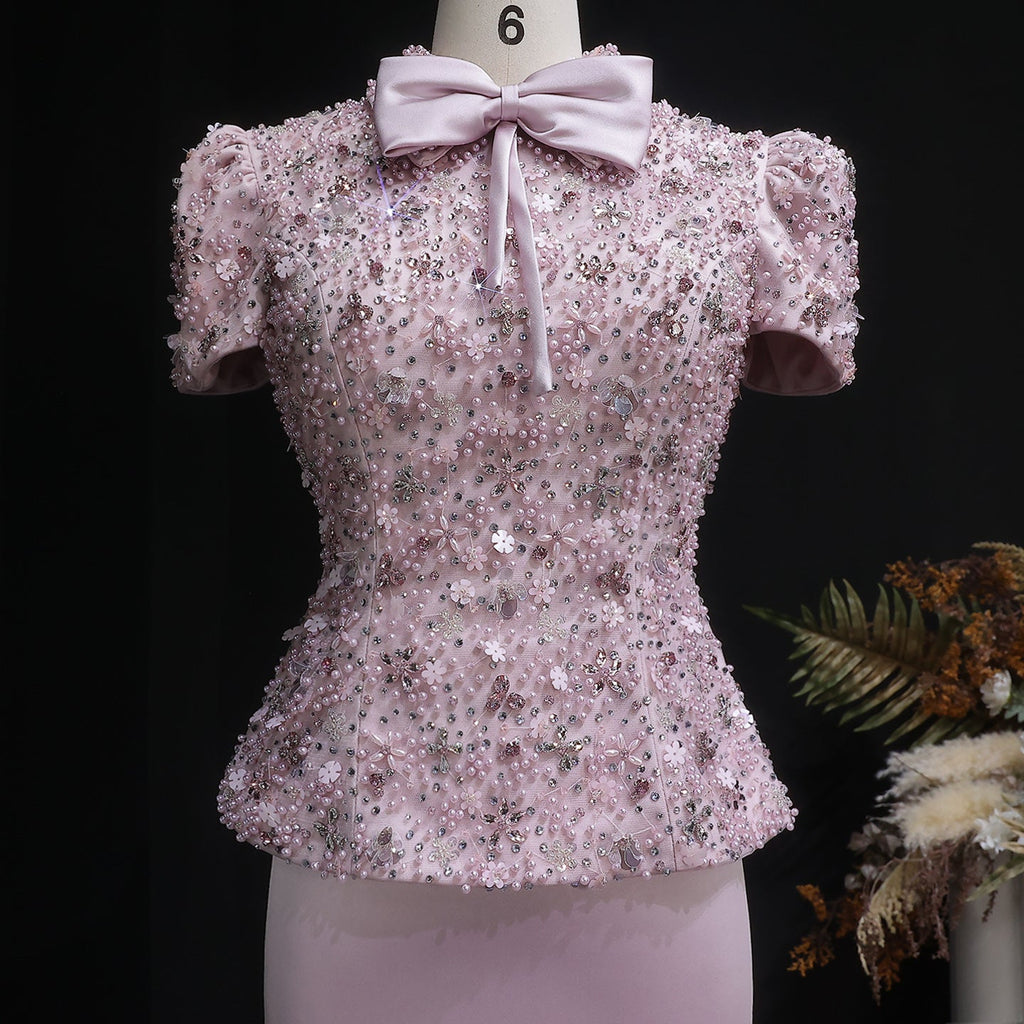 Elegant Pink Sparkling Sequin Beaded Two-Piece Evening Dress SS547