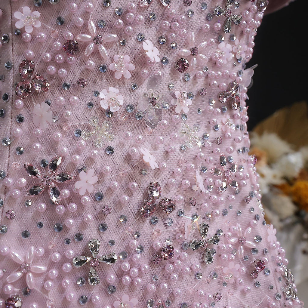 Elegant Pink Sparkling Sequin Beaded Two-Piece Evening Dress SS547