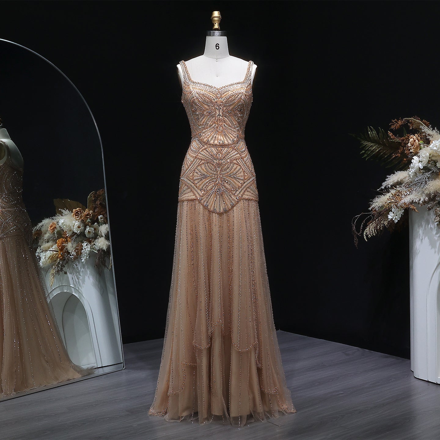 Elegant Champagne Ruffled Beaded Evening Dress SS552