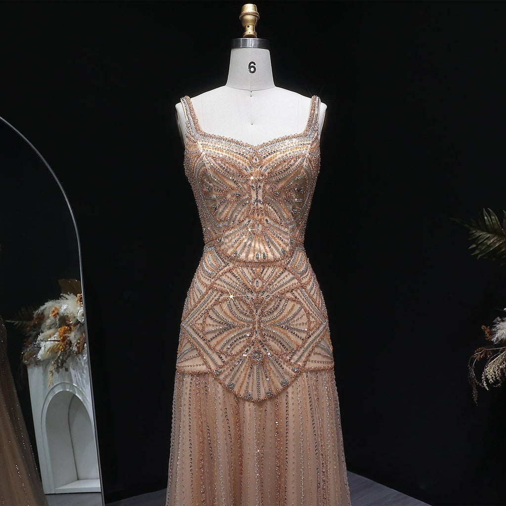 Elegant Champagne Ruffled Beaded Evening Dress SS552