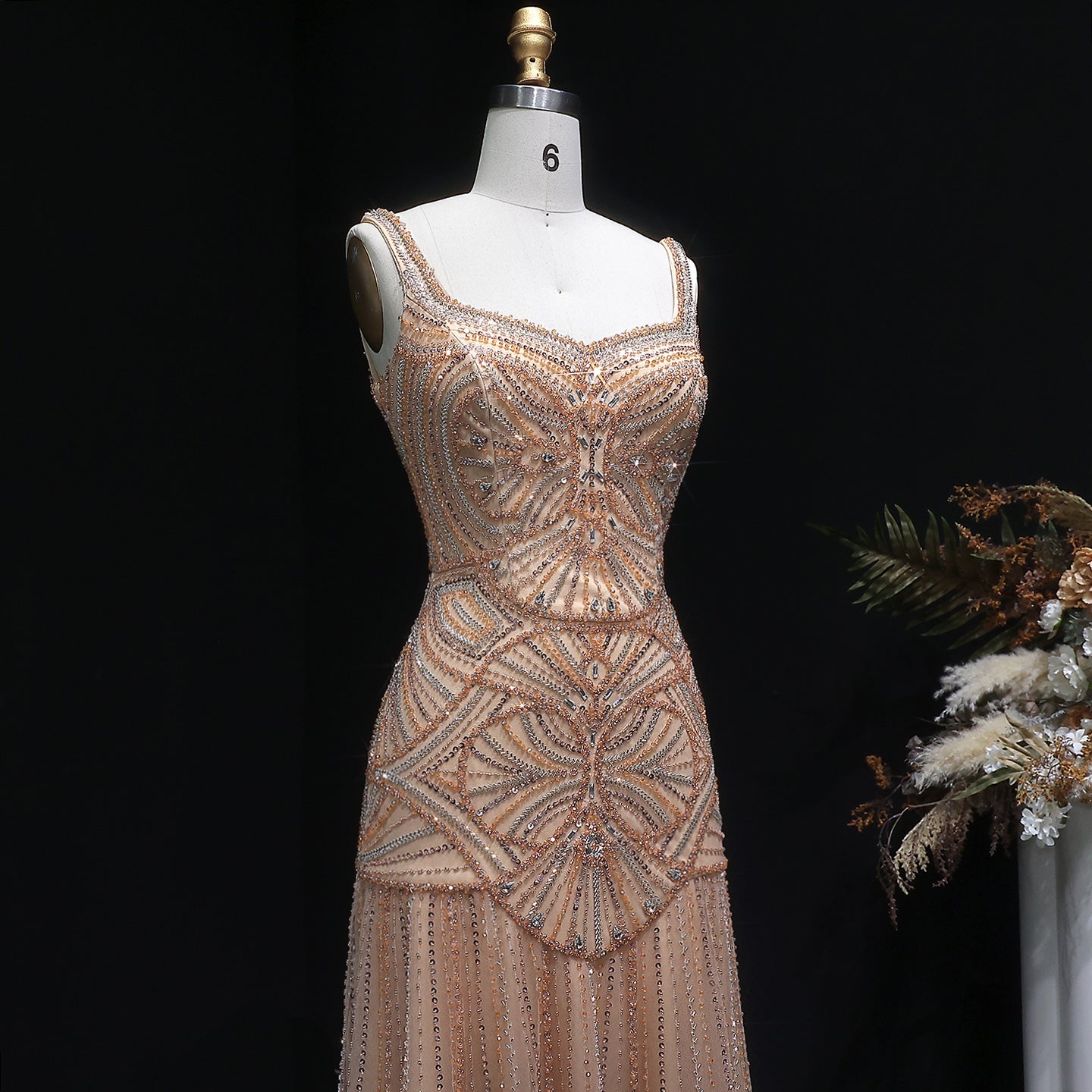 Elegant Champagne Ruffled Beaded Evening Dress SS552