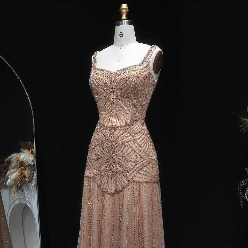 Elegant Champagne Ruffled Beaded Evening Dress SS552