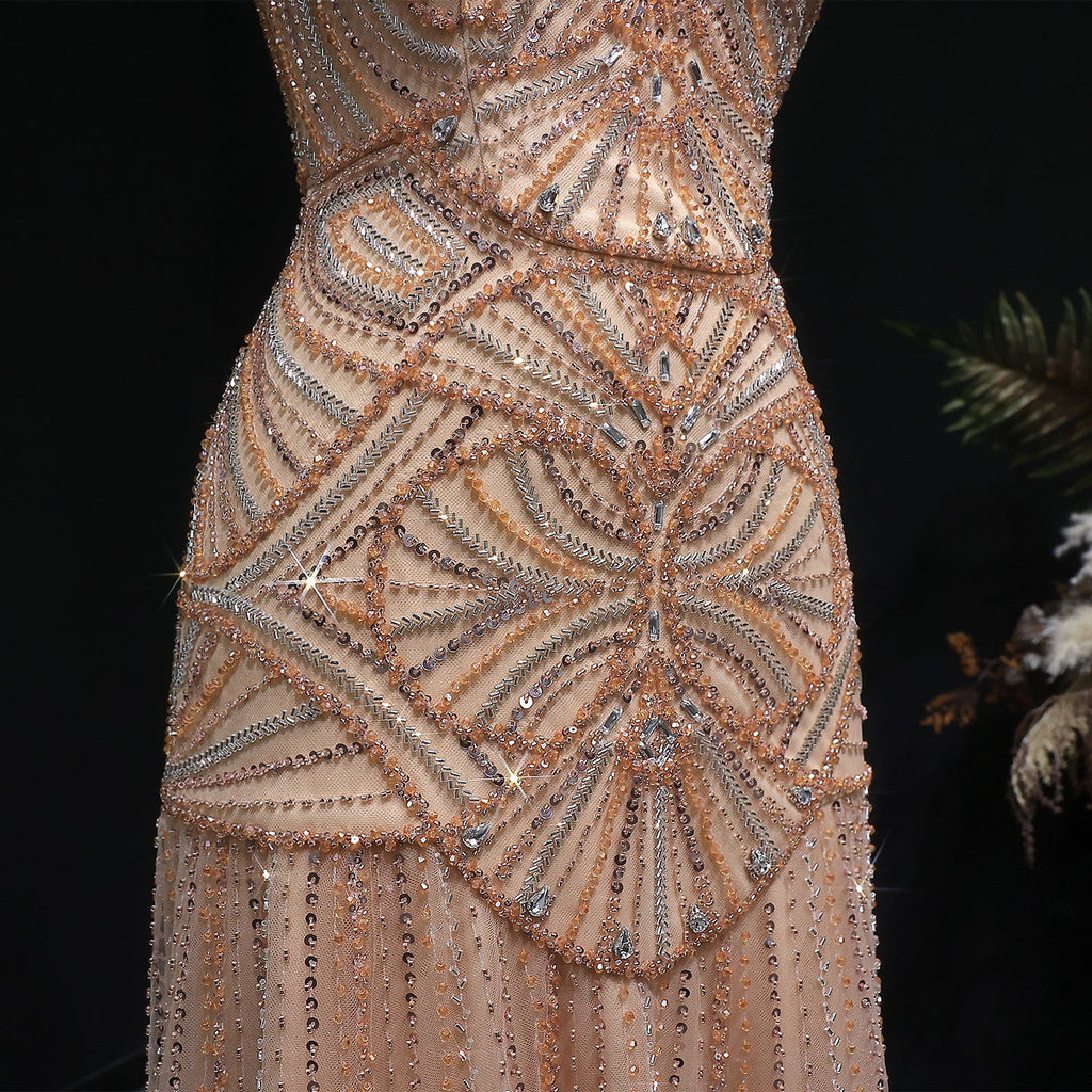 Elegant Champagne Ruffled Beaded Evening Dress SS552