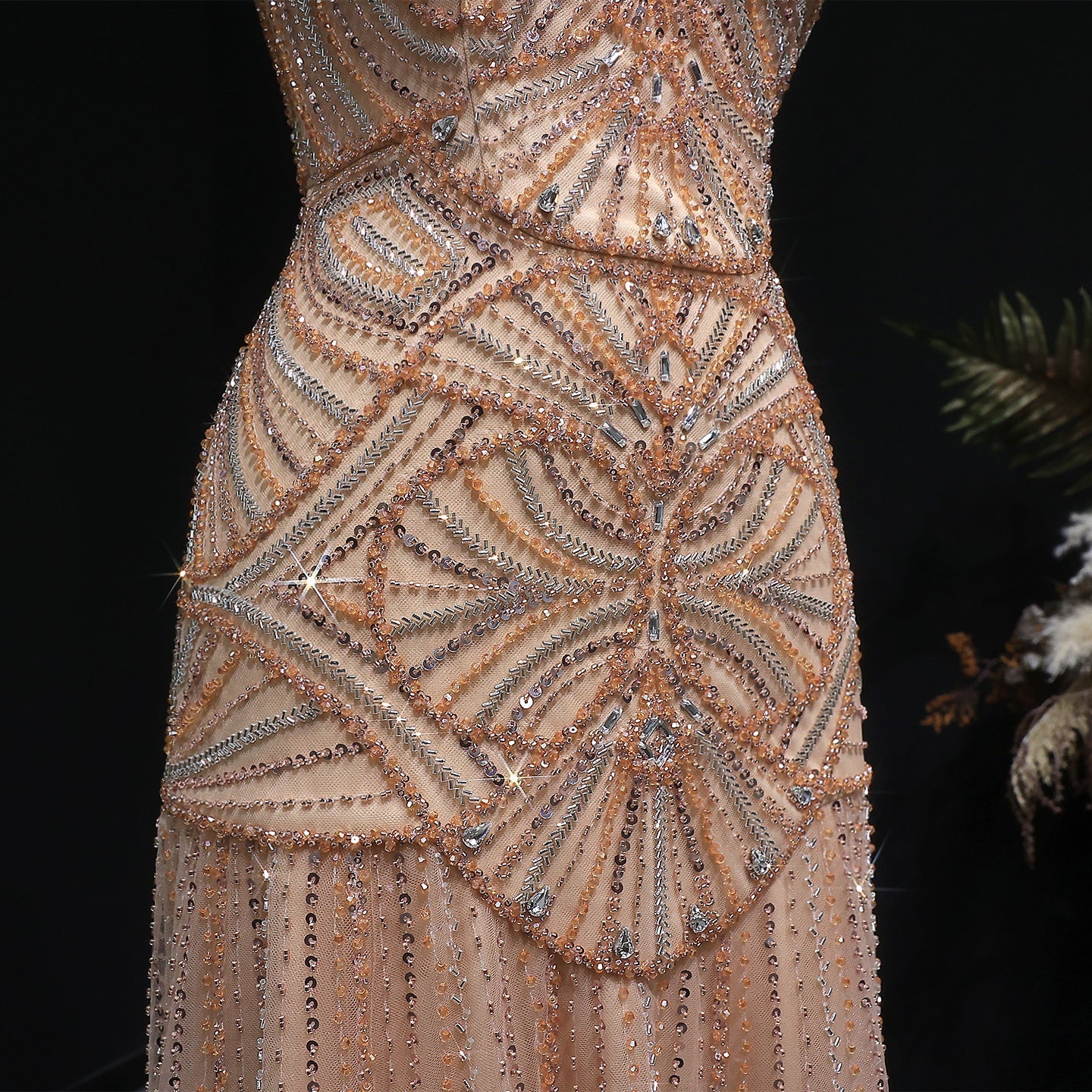 Elegant Champagne Ruffled Beaded Evening Dress SS552