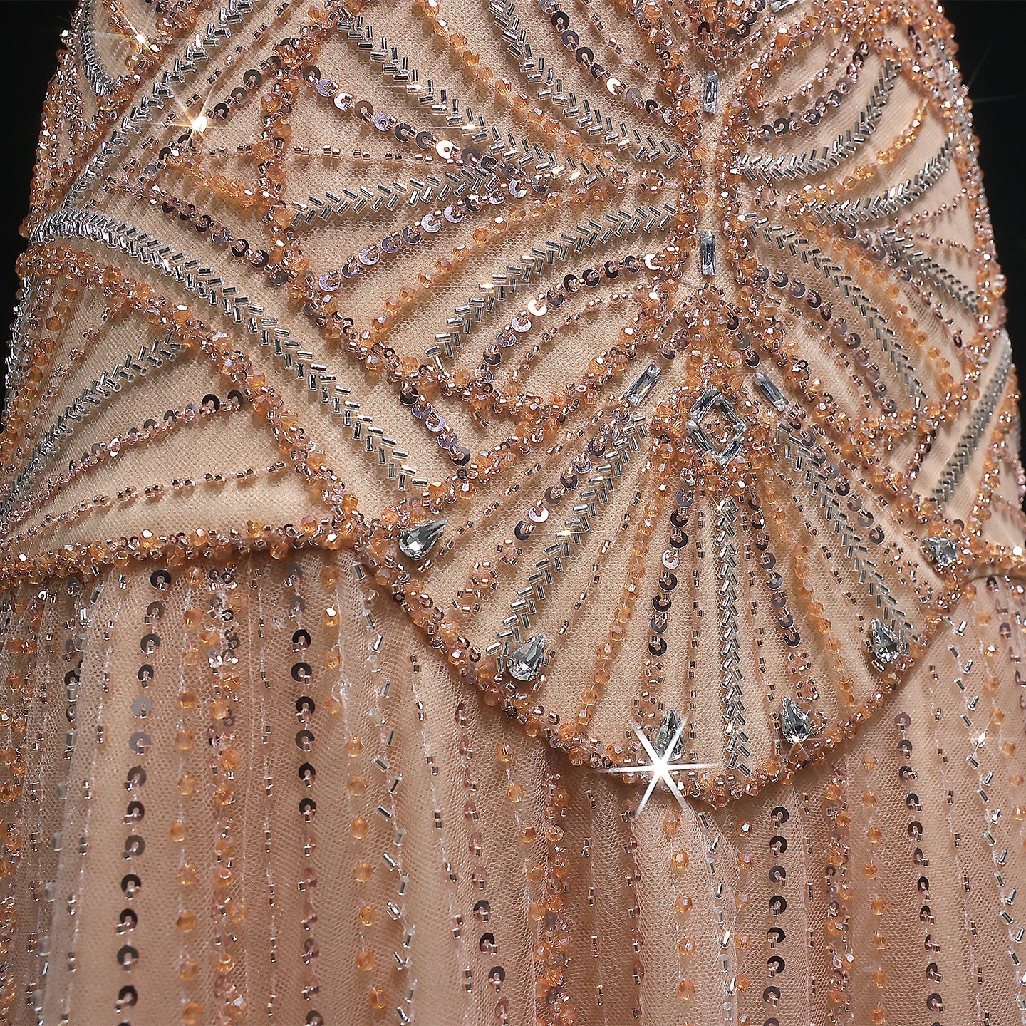 Elegant Champagne Ruffled Beaded Evening Dress SS552