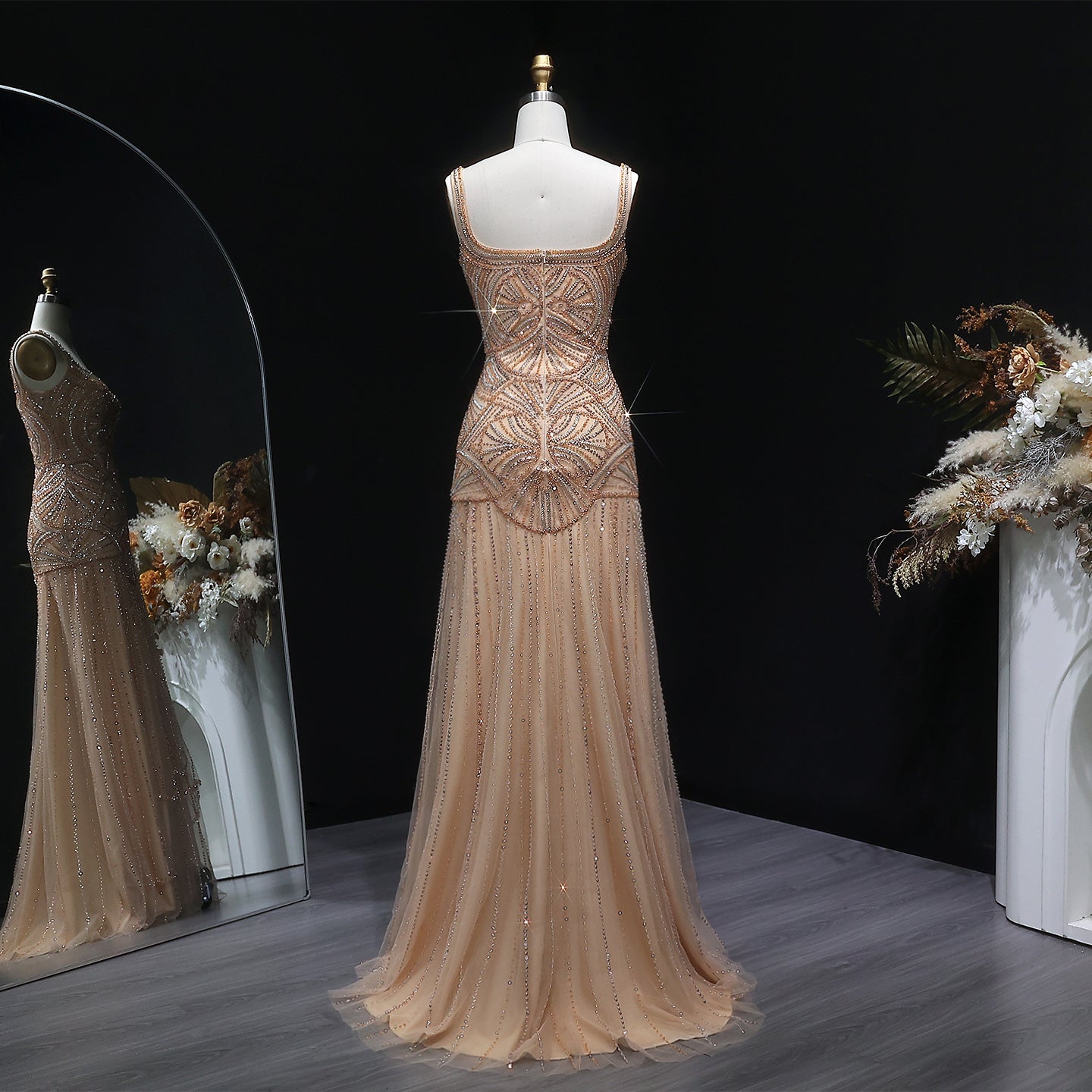Elegant Champagne Ruffled Beaded Evening Dress SS552