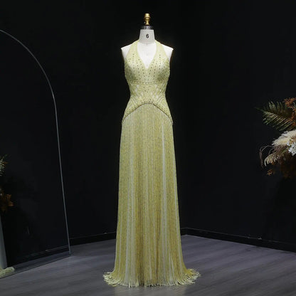 Exquisite Yellow Beaded Halter Neck Deep V Gala Evening Dress SS554