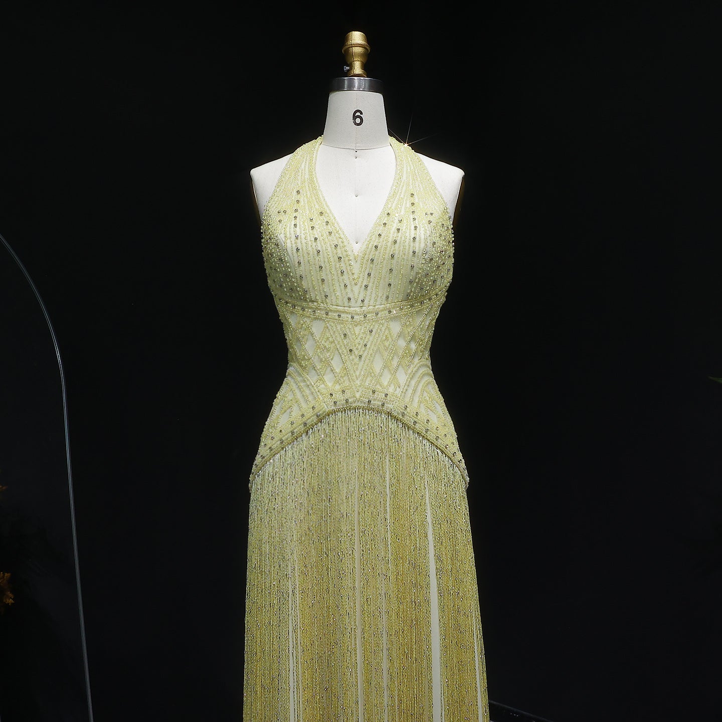 Gala Exquisite Yellow Beaded Halter Neck Deep V Evening Dress SS554