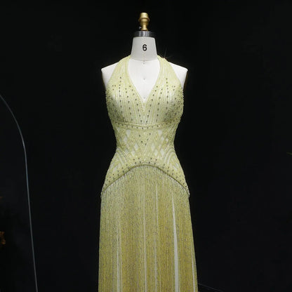 Exquisite Yellow Beaded Halter Neck Deep V Gala Evening Dress SS554