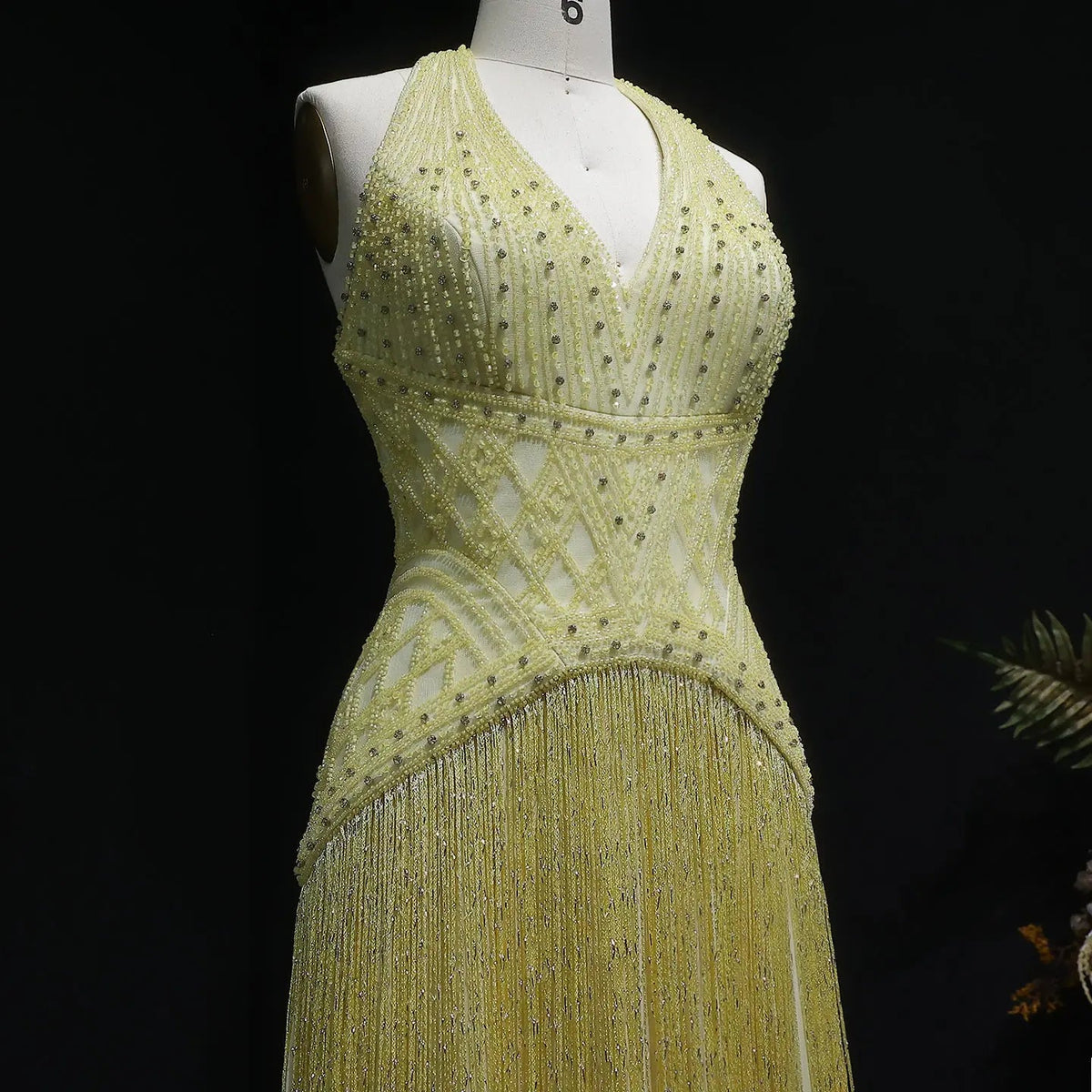 Exquisite Yellow Beaded Halter Neck Deep V Gala Evening Dress SS554