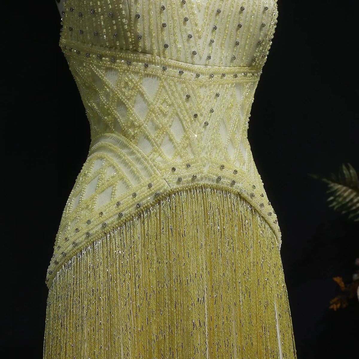 Exquisite Yellow Beaded Halter Neck Deep V Gala Evening Dress SS554