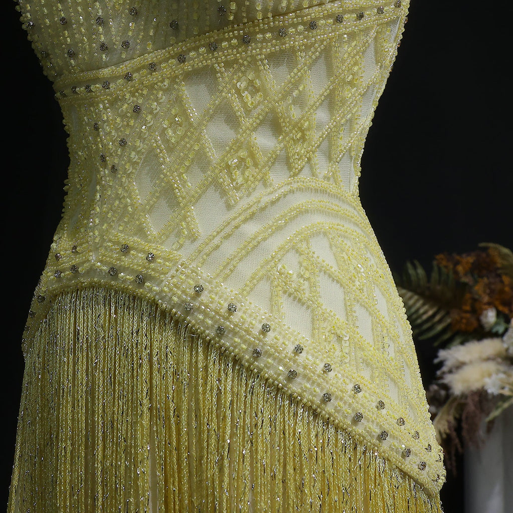 Gala Exquisite Yellow Beaded Halter Neck Deep V Evening Dress SS554