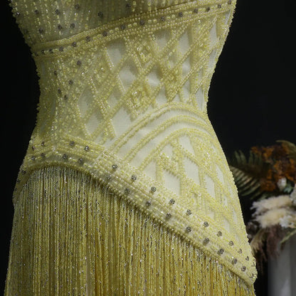 Exquisite Yellow Beaded Halter Neck Deep V Gala Evening Dress SS554