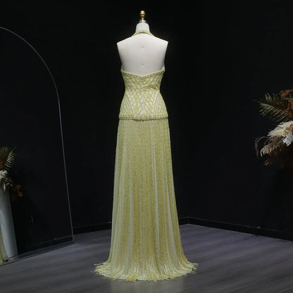 Exquisite Yellow Beaded Halter Neck Deep V Gala Evening Dress SS554
