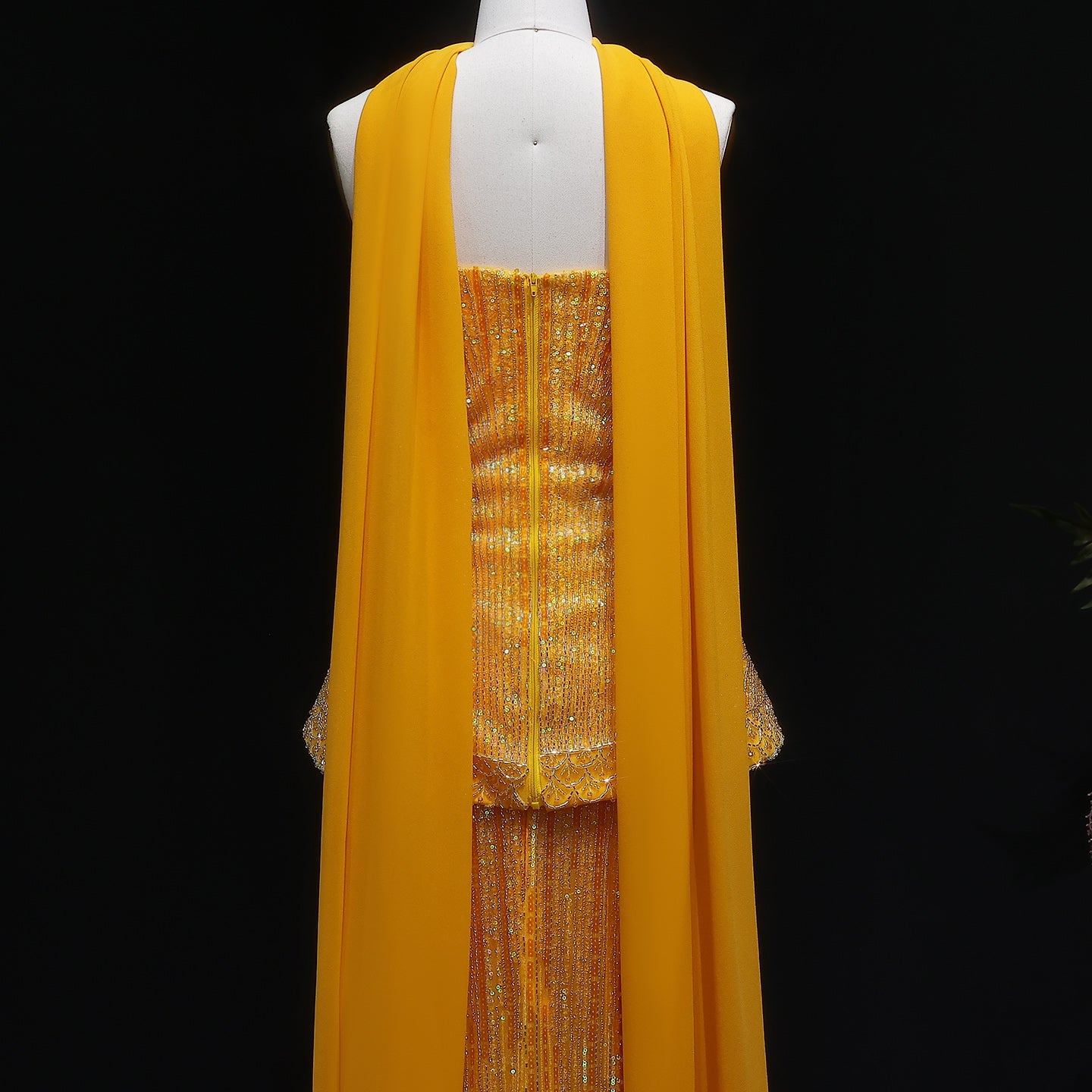 Elegant Orange Peplum Strapless Sequin Evening Dress with Scarf SS560