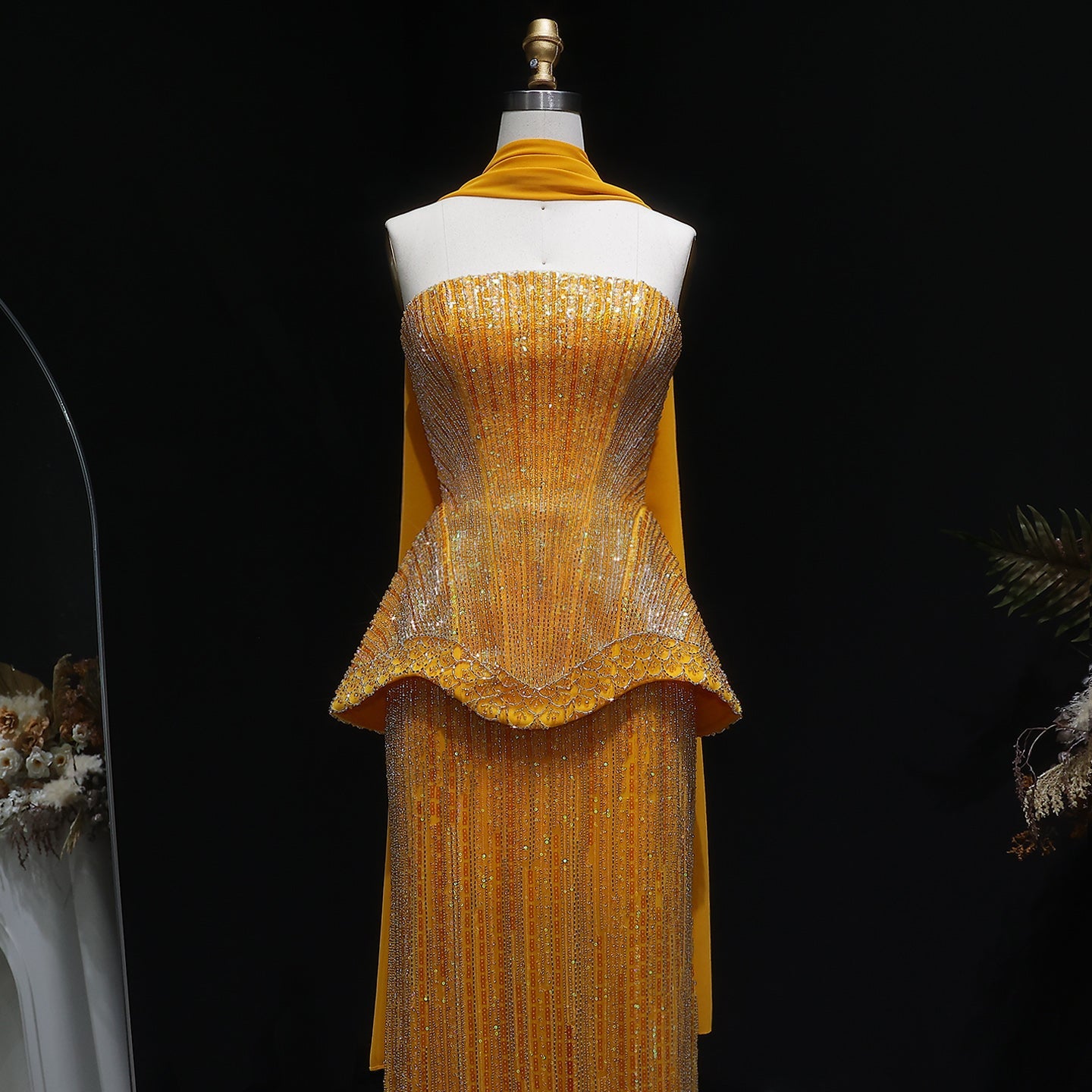 Elegant Orange Peplum Strapless Sequin Evening Dress with Scarf SS560