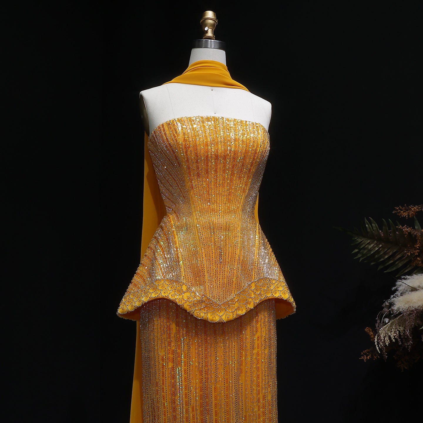 Elegant Orange Peplum Strapless Sequin Evening Dress with Scarf SS560