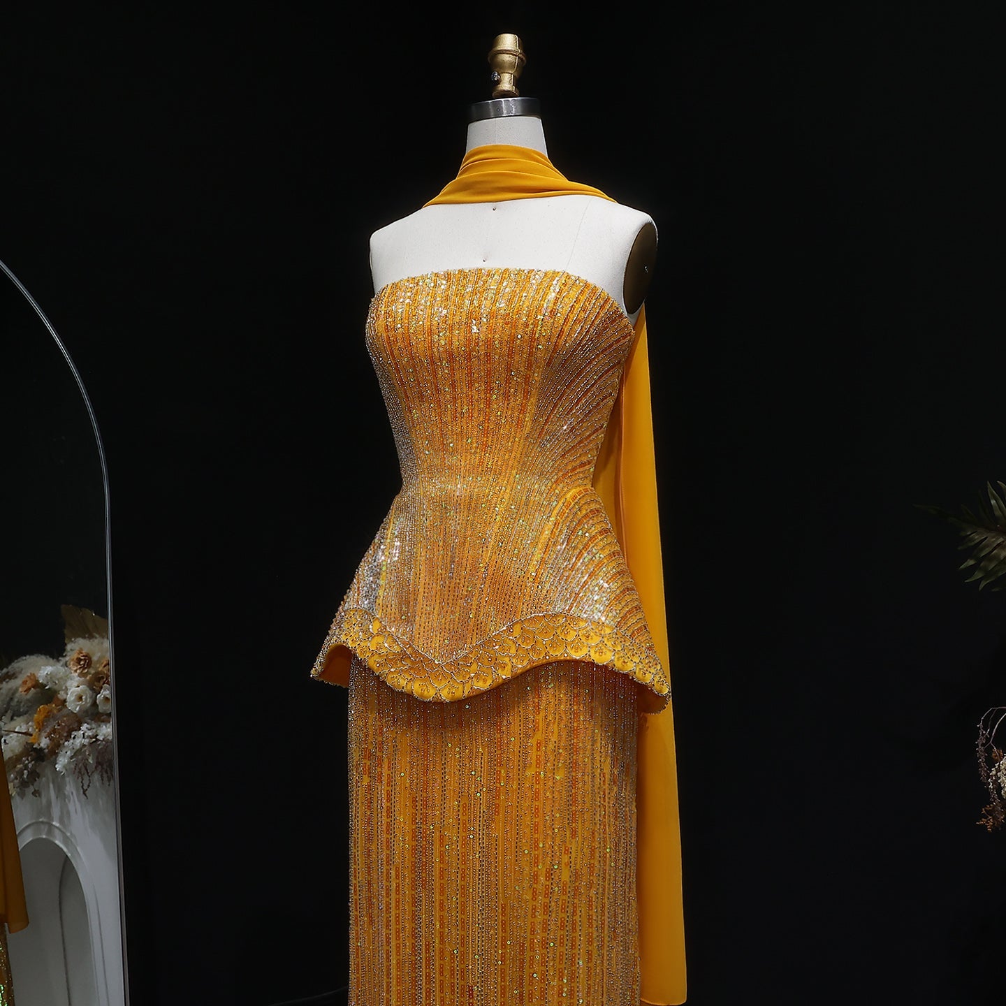 Elegant Orange Peplum Strapless Sequin Evening Dress with Scarf SS560