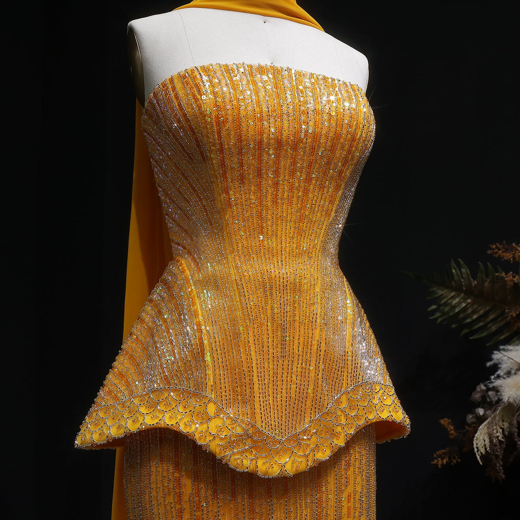 Elegant Orange Peplum Strapless Sequin Evening Dress with Scarf SS560