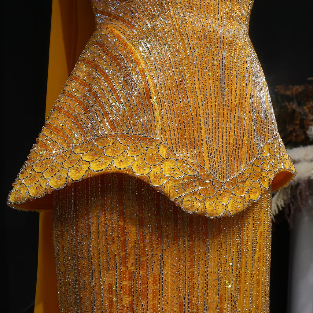 Elegant Orange Peplum Strapless Sequin Evening Dress with Scarf SS560