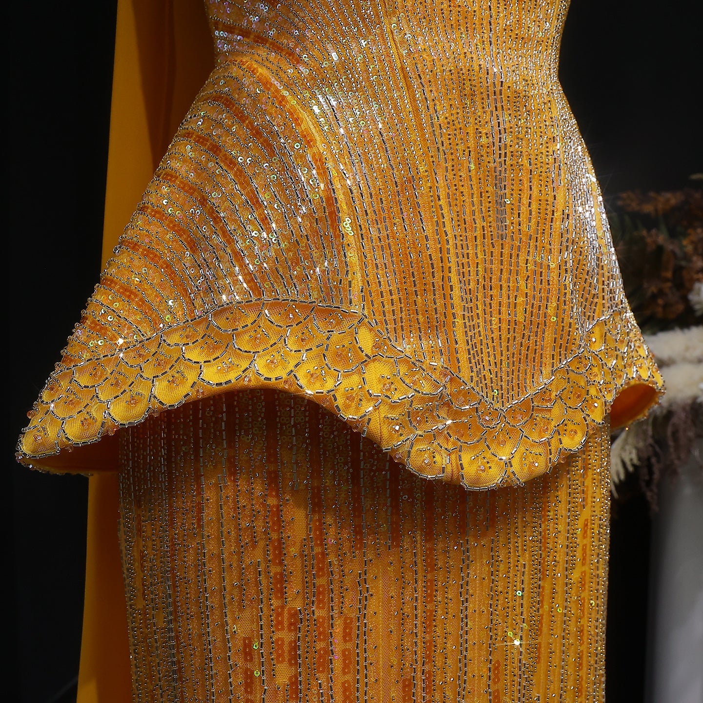 Elegant Orange Peplum Strapless Sequin Evening Dress with Scarf SS560