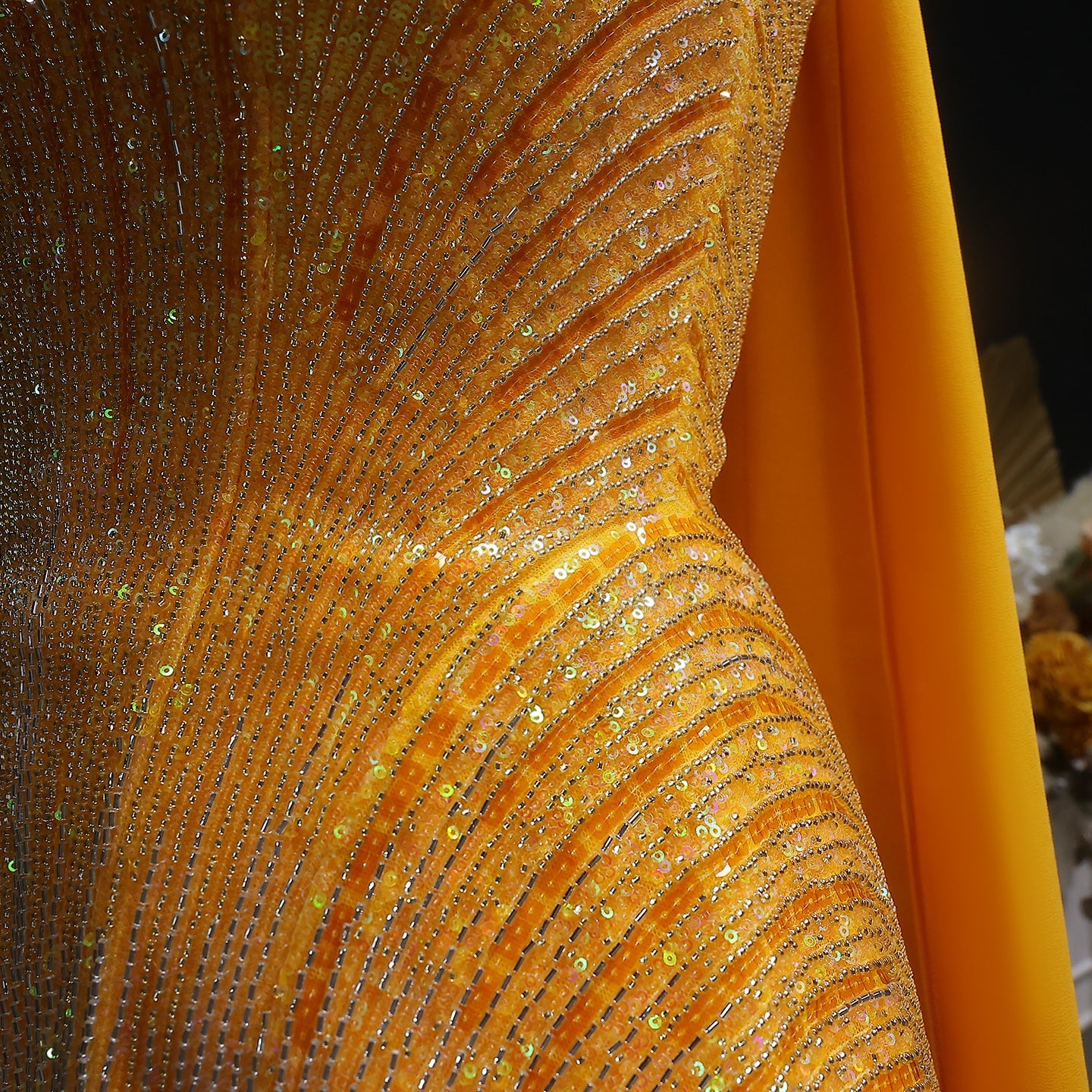 Elegant Orange Peplum Strapless Sequin Evening Dress with Scarf SS560