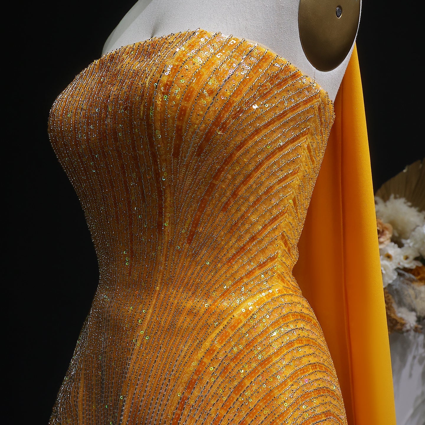 Elegant Orange Peplum Strapless Sequin Evening Dress with Scarf SS560