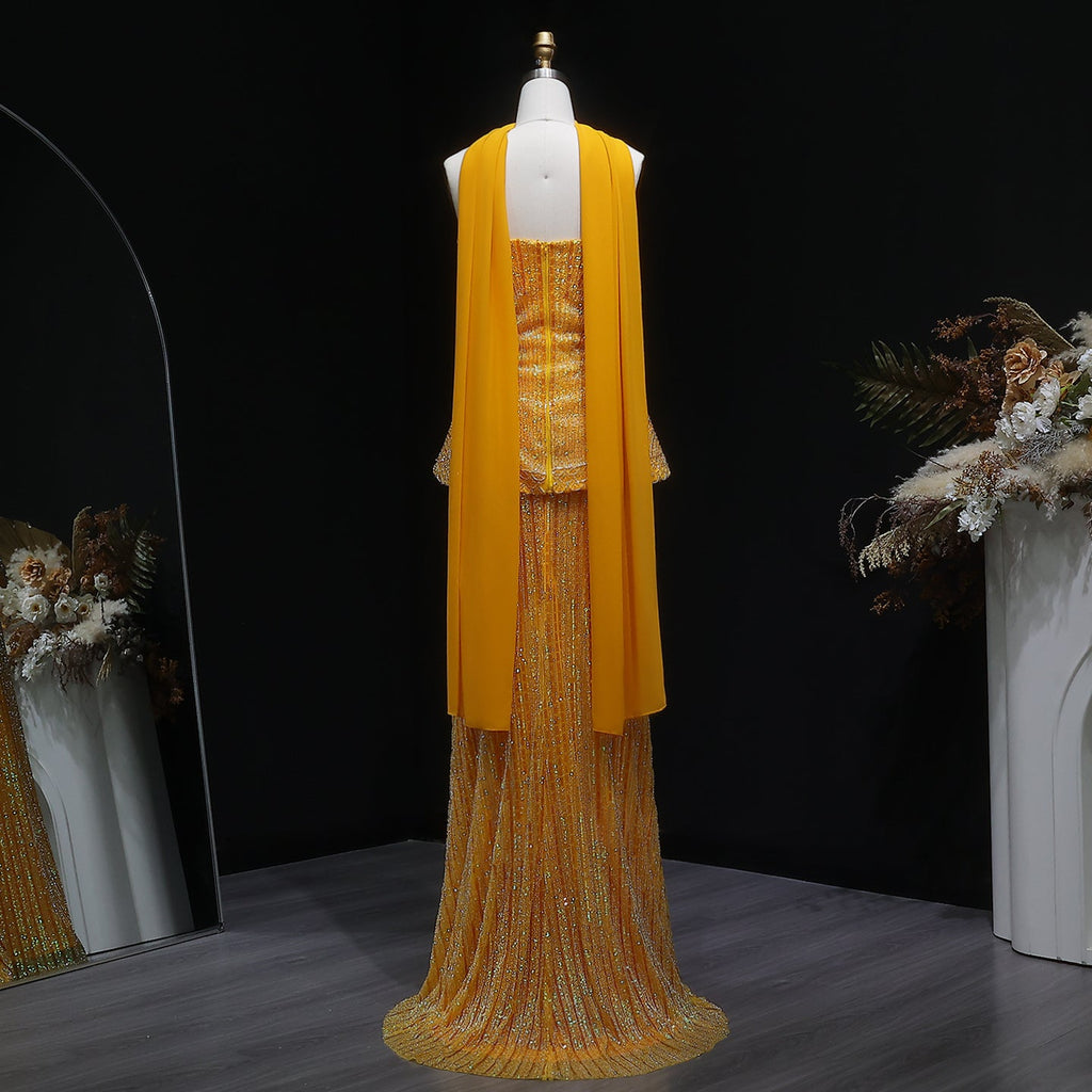 Elegant Orange Peplum Strapless Sequin Evening Dress with Scarf SS560