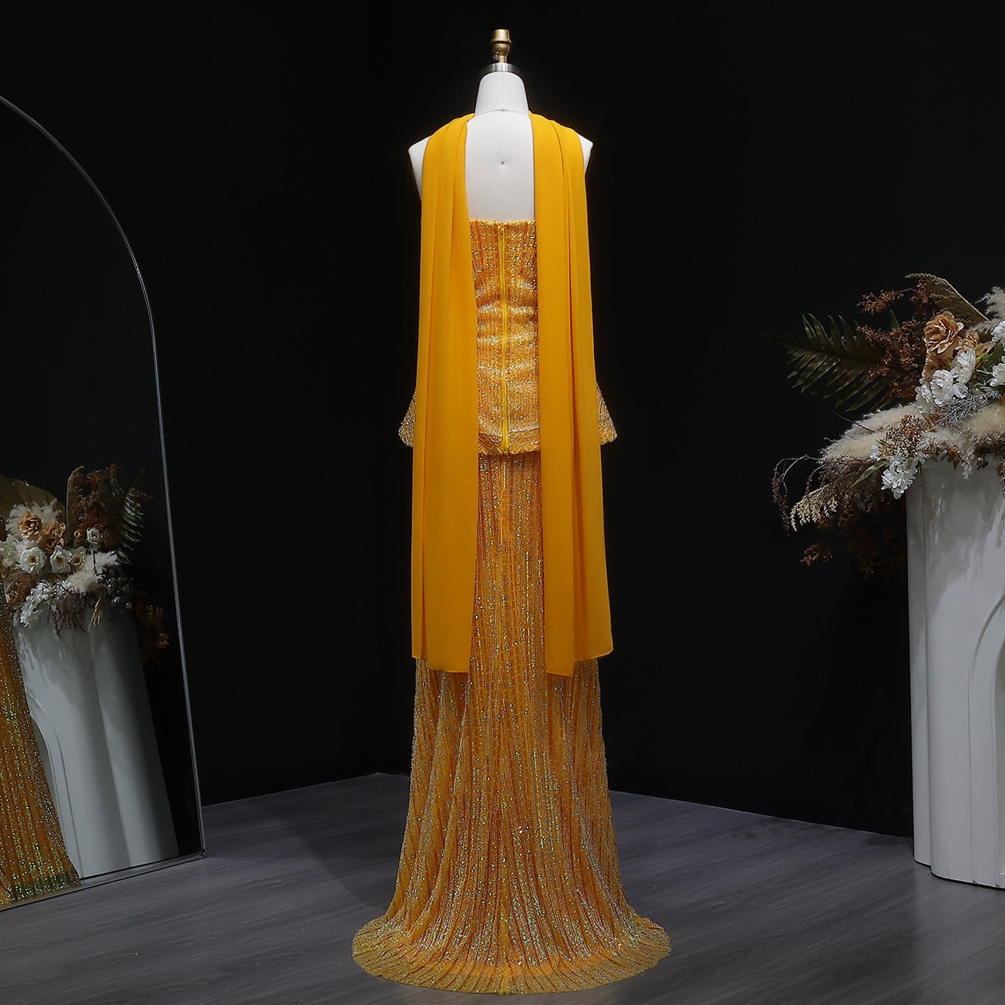 Elegant Orange Peplum Strapless Sequin Evening Dress with Scarf SS560