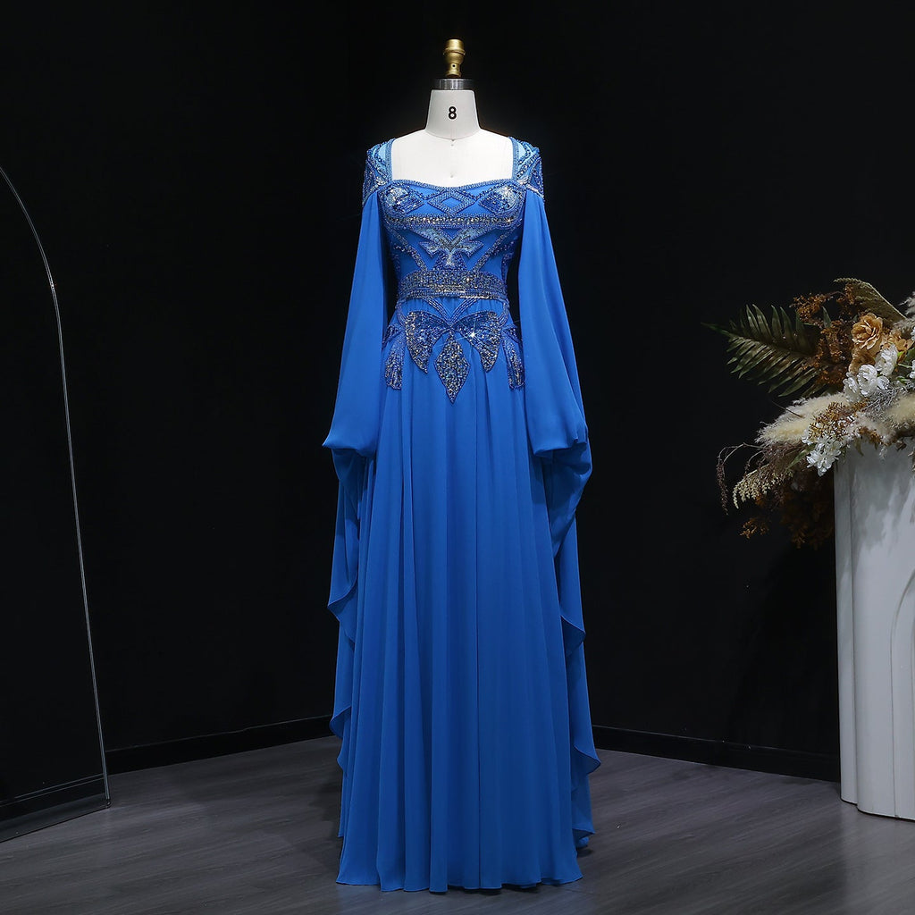 Blue Sequin Beaded Sparkling Evening Dress with Cap Sleeve SS562