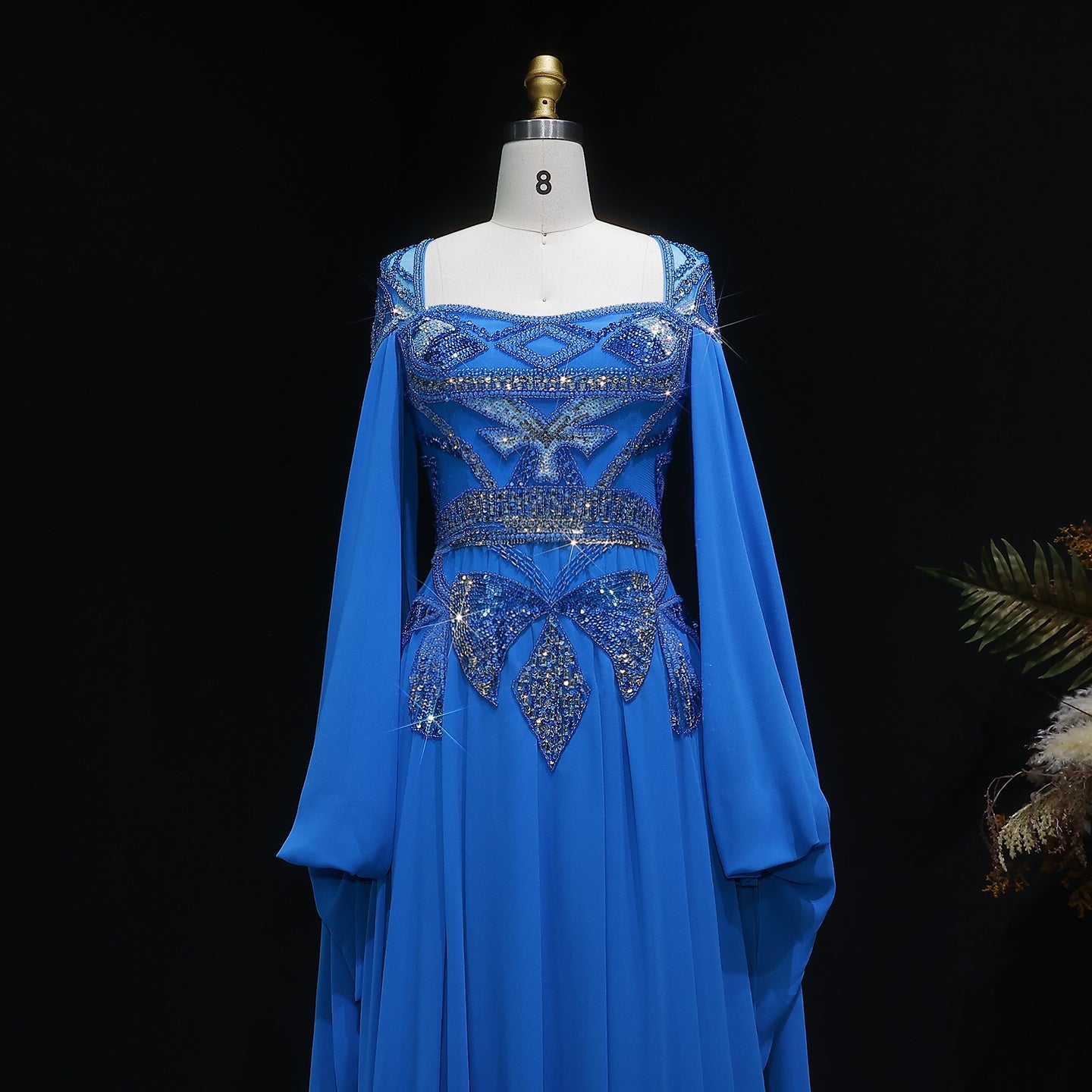 Blue Sequin Beaded Sparkling Evening Dress with Cap Sleeve SS562