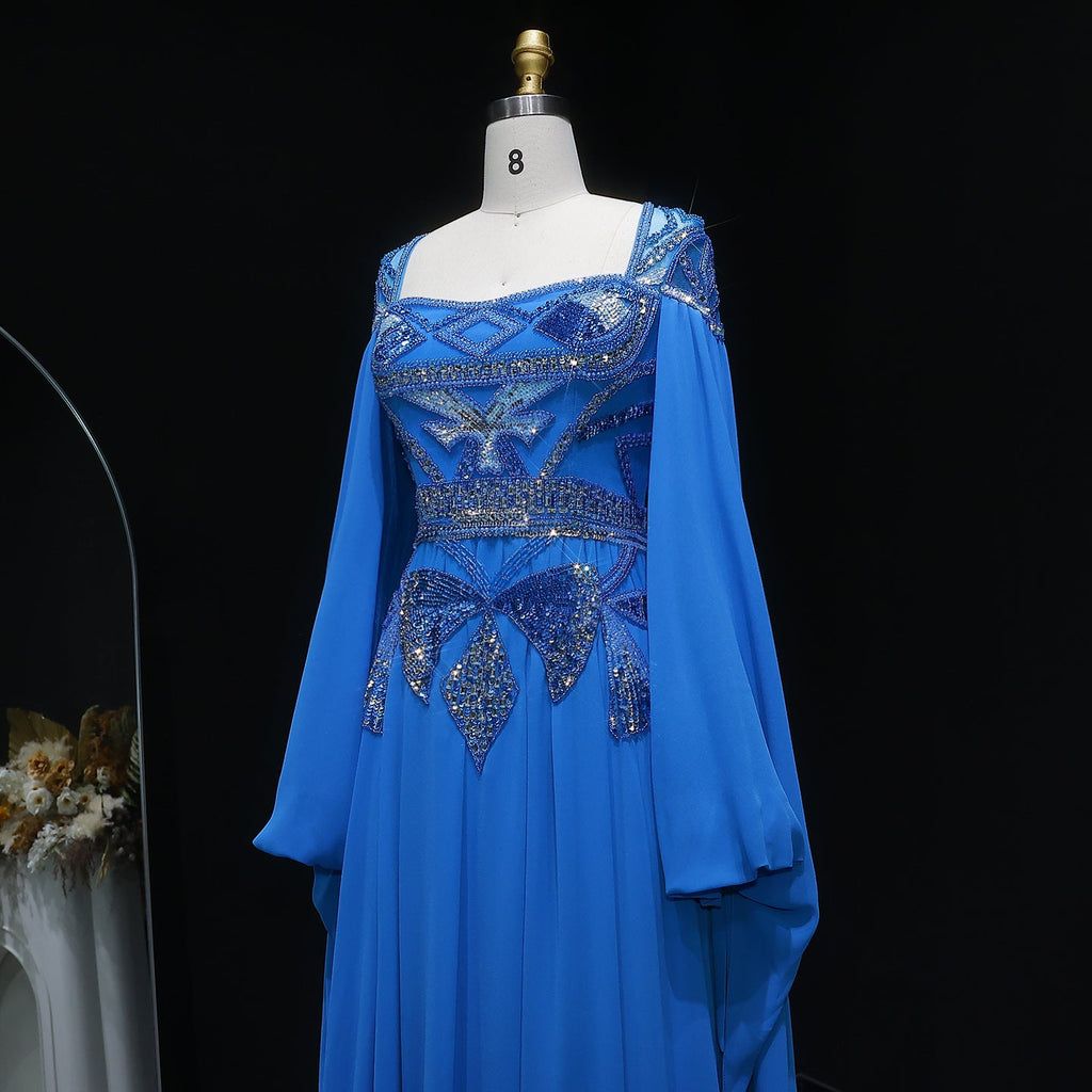Blue Sequin Beaded Sparkling Evening Dress with Cap Sleeve SS562